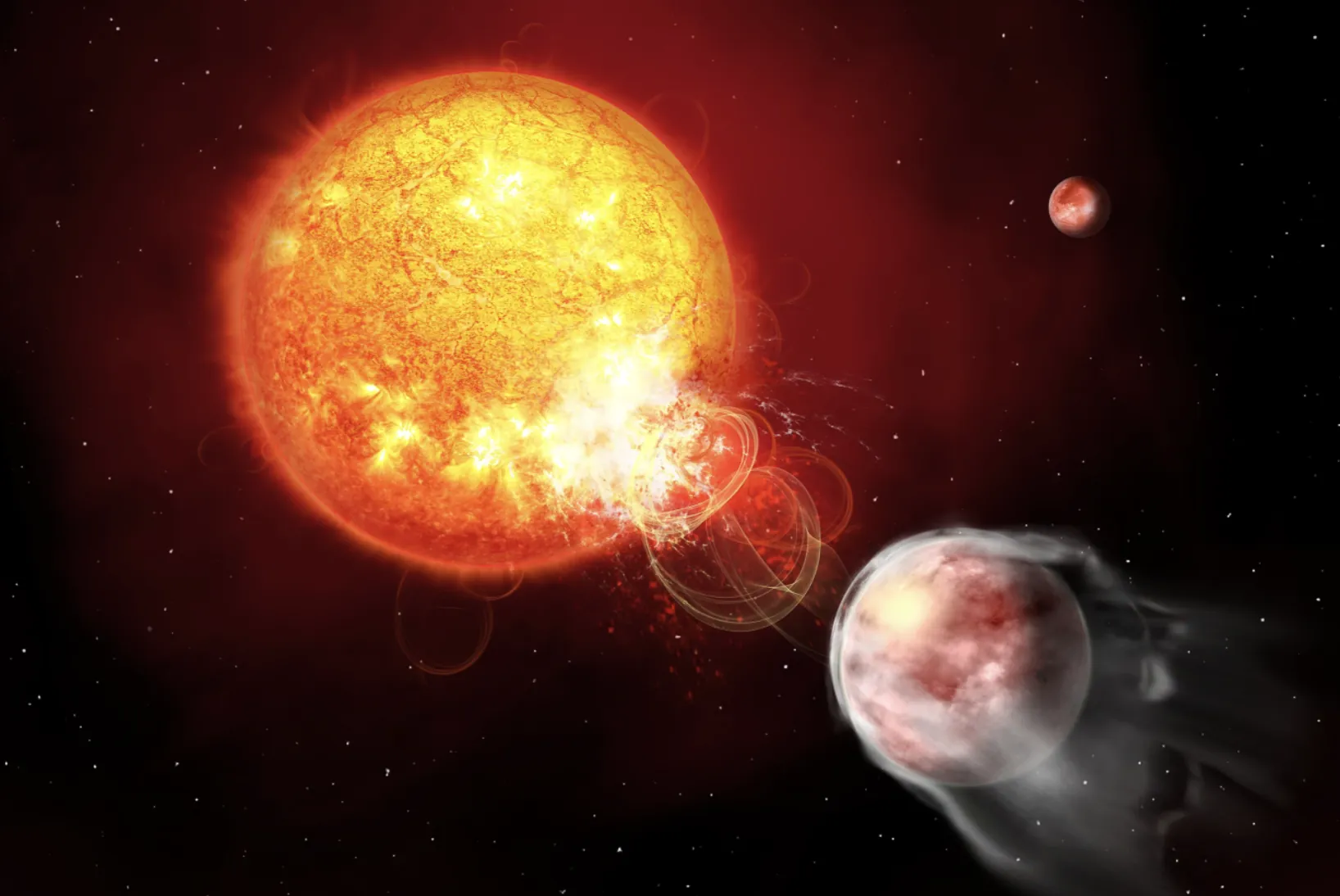 Stalno bombardiranje visokoenergetskim zračenjem ne ide u prilog HIP 67522 b. Iako je veličine Jupitera, planet je gustoćom nalik šećernoj vati – među najrjeđima ikad otkrivenima. Erupcije sa zvijezde postupno mu razaraju atmosferu, zbog čega gubi masu znatno brže nego što se očekivalo. U sljedećih 100 milijuna godina mogao bi se smanjiti na veličinu Neptuna. Ilustracija: Janine Fohlmeister / Leibniz Institut za astrofiziku Potsdam.