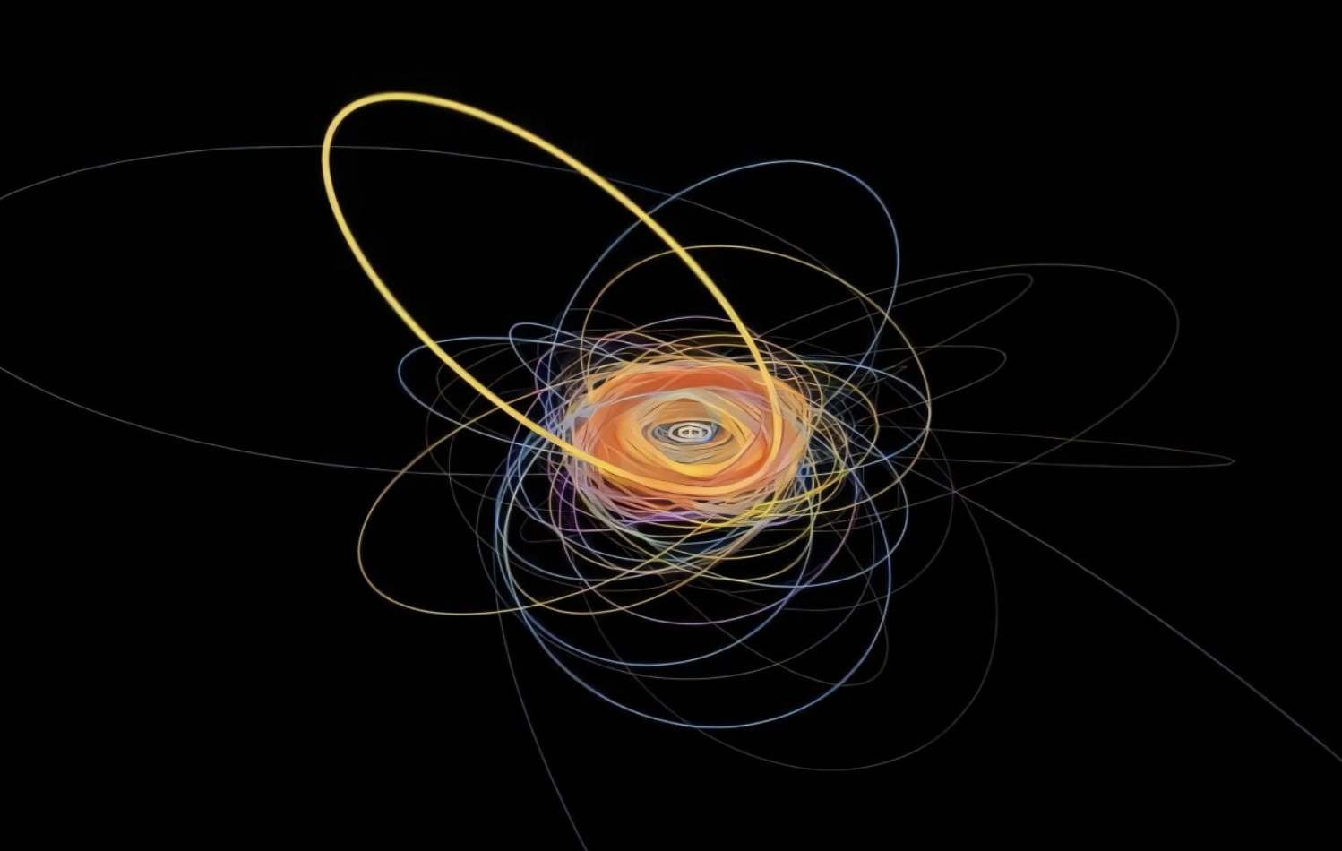 Tim astronoma s Centra za astrofiziku Harvard–Smithsonian otkrio je rijedak transneptunski objekt koji se kreće u rezonanciji s Neptunom. Na slici su prikazane orbite svih objekata otkrivenih u sklopu istraživanja Origins Survey. Orbita objekta 2020 VN40 je najdeblje istaknuta i nagnuta prema gore ulijevo u odnosu na većinu ostalih. Bijeli krugovi prikazuju orbite divovskih planeta: Jupitera, Saturna, Urana i Neptuna. Izvor: Rosemary Pike, CfA