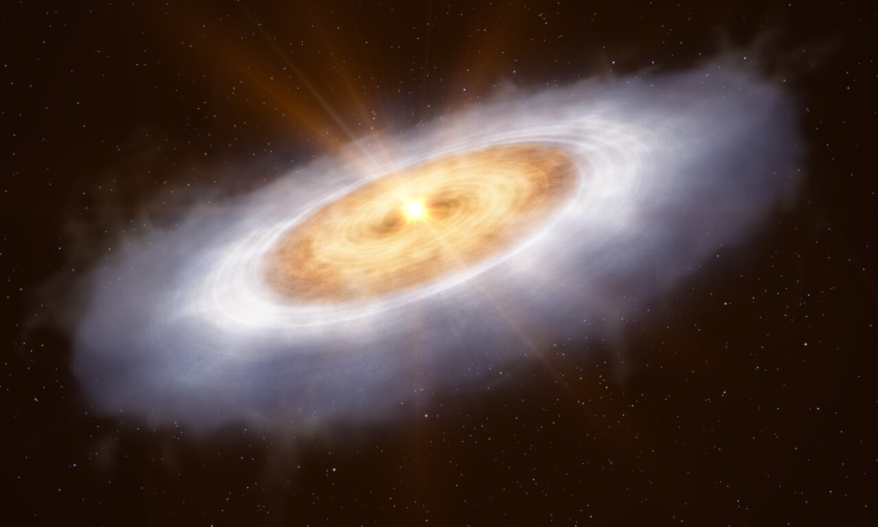 Ova umjetnička ilustracija prikazuje disk iz kojeg nastaju planeti oko zvijezde V883 Orionis. U najudaljenijim dijelovima diska voda je smrznuta u obliku leda i zbog toga ju je teško otkriti. Izboj energije iz zvijezde zagrijava unutarnji dio diska na temperaturu pri kojoj voda prelazi u plinovito stanje, što astronomima omogućuje njezino detektiranje. Izvor: ESO/L. Calçada.