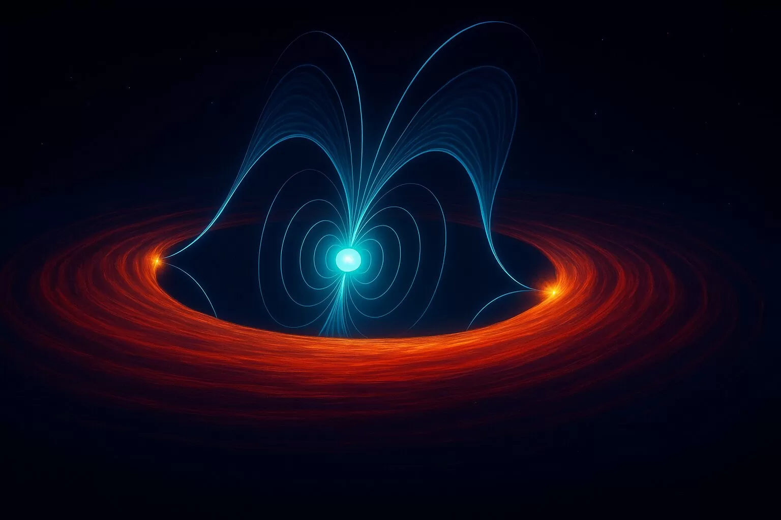 Ilustracija prikazuje središnji dio binarnog sustava PSR J1023+0038, uključujući pulsar, unutarnji akrecijski disk i pulsarski vjetar. Ilustracija: Marco Maria Messa (Sveučilište u Milanu / INAF-OAB) i Maria Cristina Baglio (INAF-OAB)