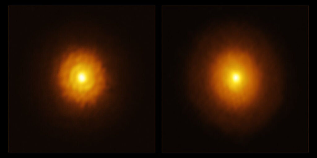 Kad su astronomi prvi put promatrali zvijezdu MP Mus pomoću niza radioteleskopa ALMA (Atacama Large Millimeter/submillimeter Array), zatekli su ravnomjeran disk bez ikakvih znakova planeta – što je vidljivo na desnoj slici. No tim pod vodstvom Álvara Ribasa, astronoma sa Sveučilišta u Cambridgeu, odlučio joj dati još jednu priliku. Zvijezdu su ponovno promatrali na duljim valnim duljinama, koje prodiru dublje u protoplanetarni disk nego ranije. Upravo su ta nova promatranja – prikazana na lijevoj slici – otkrila prsten i pukotinu koja je prethodno bila zaklonjena, sugerirajući da MP Mus ipak nije sama. Izvor: ALMA (ESO/NAOJ/NRAO) / A. Ribas i sur.