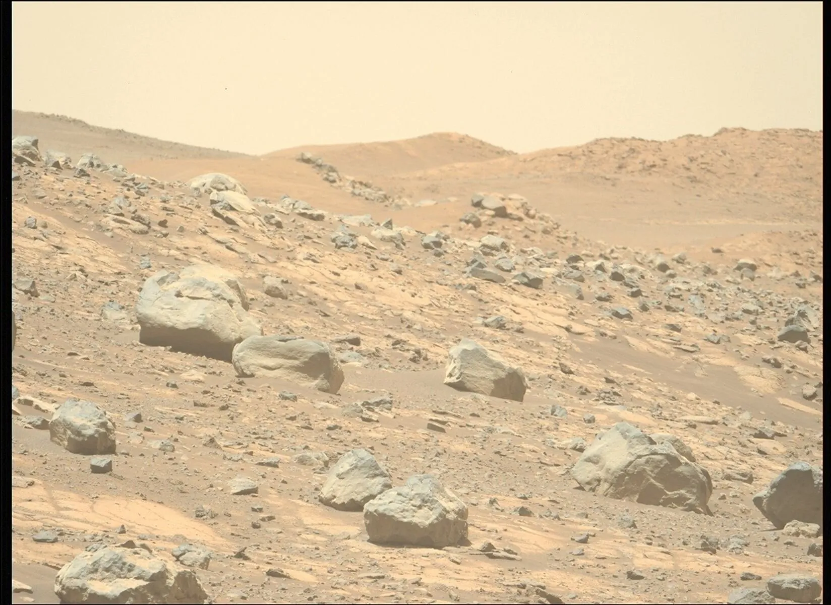NASA-in rover Perseverance snimio je ovu fotografiju gromada duž kontaktnog prijelaza kod Westporta pomoću lijeve kamere sustava Mastcam-Z, smještene visoko na roveru. Snimka je nastala 10. srpnja 2025., na sol 1560 — 1560. marsovskog dana misije. Izvor: NASA/JPL-Caltech/ASU
