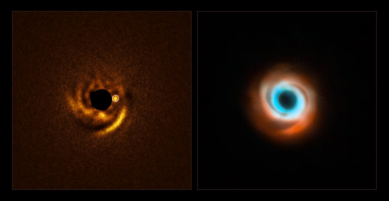 Lijeva slika, snimljena pomoću Vrlo velikog teleskopa (VLT) Europskog južnog opservatorija (ESO), prikazuje mogući planet u nastanku oko mlade zvijezde HD 135344B. Ta se zvijezda, udaljena oko 440 svjetlosnih godina, nalazi unutar diska plina i prašine izraženih spiralnih ruku. Prema teoriji, upravo planeti svojim gravitacijskim djelovanjem mogu oblikovati takve spiralne strukture — a novi kandidat nalazi se točno u podnožju jedne od njih, na lokaciji koju modeli predviđaju. Snimka je nastala pomoću novog instrumenta ERIS (Enhanced Resolution Imager and Spectrograph), ugrađenog na VLT. Crni krug u središtu označava koronograf — uređaj koji blokira svjetlost same zvijezde kako bi se otkrili slabiji detalji u njezinoj neposrednoj blizini. Bijeli krug označava poziciju planetarnog kandidata. Desna slika kombinira ranija promatranja istog sustava: crvene podatke prikupio je instrument SPHERE na VLT-u, dok narančasti i plavi potječu iz radio-opservatorija ALMA (Atacama Large Millimeter/submillimeter Array). Nijedno od tih prethodnih promatranja nije otkrilo jasne tragove pratioca, no ERIS je možda napokon razotkrio objekt odgovoran za spiralni oblik diska. Izvor: ESO / F. Maio i sur. / T. Stolker i sur. / ALMA (ESO/NAOJ/NRAO) / N. van der Marel i sur.