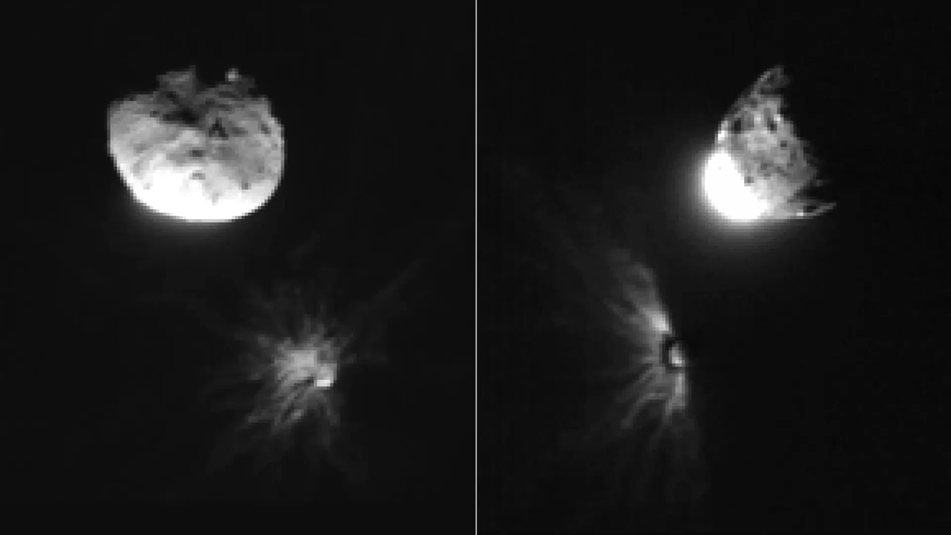 Fotografije koje je snimio talijanski satelit LICIACube (LICIA CubeSat for Imaging of Asteroids) pružaju dosad najbliži i najdetaljniji pogled na posljedice udara NASA-ine misije DART (Double Asteroid Redirection Test). Lijeva snimka nastala je otprilike dvije minute i četrdeset sekundi nakon udara, dok je satelit prolazio pored sustava Didymos. Desna je zabilježena dvadeset sekundi kasnije, u trenutku kad je LICIACube već napuštao područje. Na vrhu svake fotografije vidi se veći asteroid Didymos, dok je manji Dimorphos u donjem dijelu kadra, okružen oblacima stjenovitih krhotina nastalih udarom DART-a. Izvor: NASA/ASI/Sveučilište Maryland.