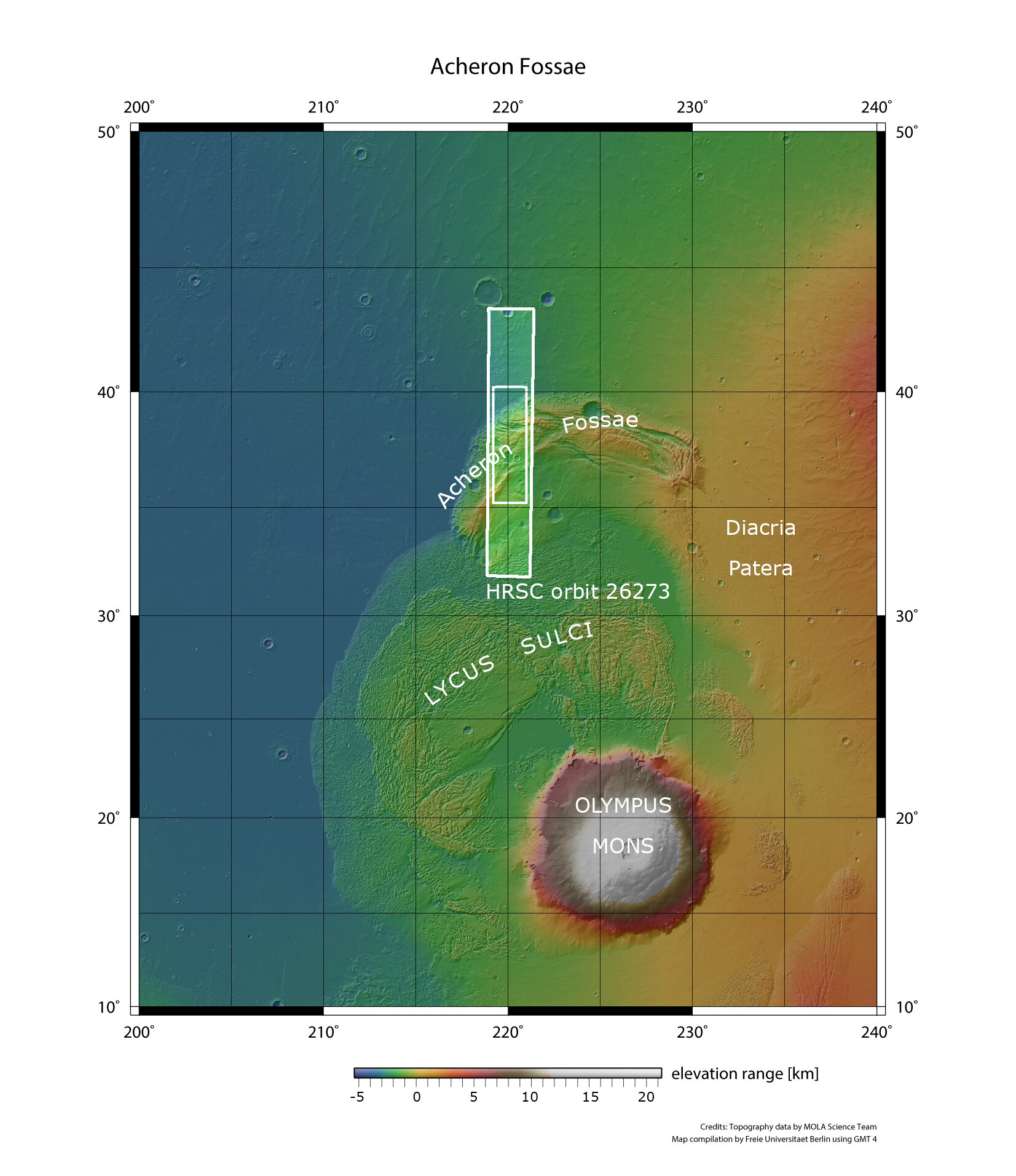 Ova slika prikazuje regiju Acheron Fossae na Marsu u širem kontekstu. Veći bijeli okvir označava područje koje je 24. listopada 2024. snimila kamera visoke rezolucije (HRSC) na orbiteru Mars Express tijekom orbite broj 26273. Unutarnji, manji okvir prikazuje dio površine zabilježen na najnovijim snimkama objavljenima u srpnju 2025. U donjem desnom kutu jasno se ističe marsovski vulkan Olympus Mons.Izvor: NASA / MGS / MOLA Science Team