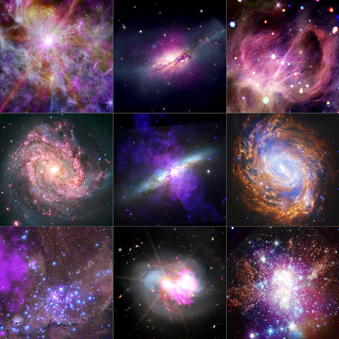 NASA je objavila zbirku devet novih snimki koje je snimio rendgenski opservatorij Chandra, uz podršku teleskopa Hubble i James Webb. (Izvor: NASA/CXC/SAO)