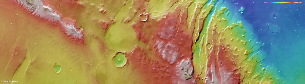 Topografski prikaz zapadnog ruba regije Acheron FossaeIzvor: ESA / DLR / FU Berlin.