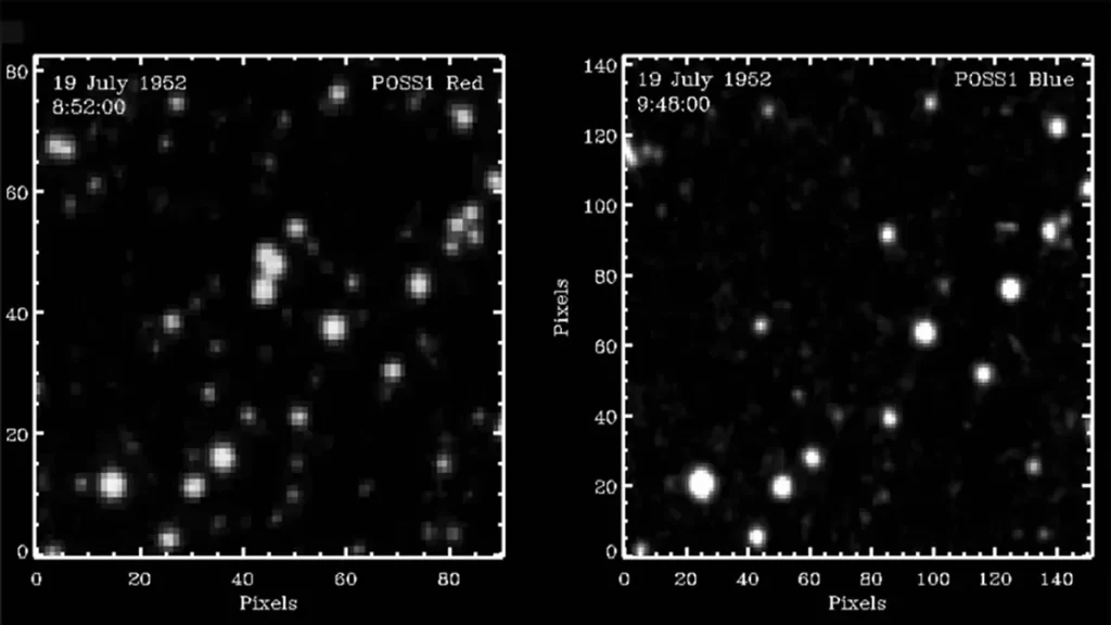 Tri objekta nalik zvijezdama koja su se 1952. pojavila i nestala. Izvor fotografije: Solano i sur., arXiv 2023 (CC BY 4.0).