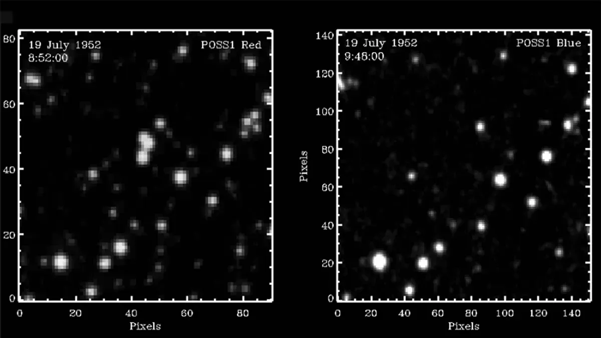 Tri objekta nalik zvijezdama koja su se 1952. pojavila i nestala. Izvor fotografije: Solano i sur., arXiv 2023 (CC BY 4.0).