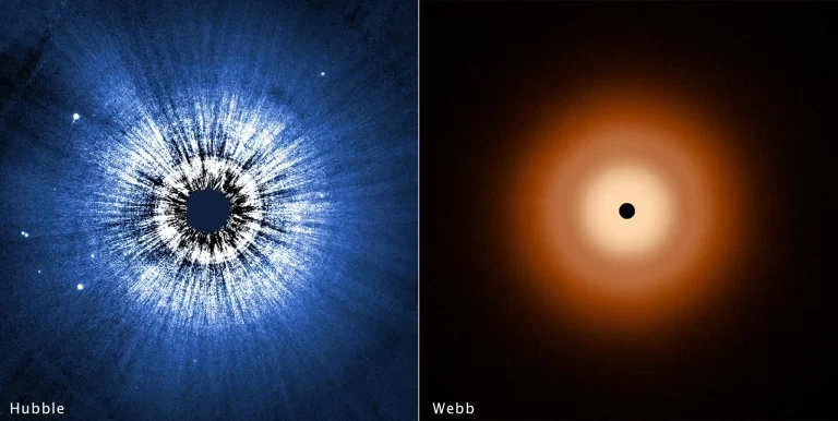 Ova usporedna snimka prikazuje cirkumstelarni disk oko zvijezde Vega, promatran svemirskim teleskopima Hubble (lijevo) i Webb (desno); Hubble prikazuje reflektiranu svjetlost sitnih čestica prašine koje tvore gladak disk promjera oko 160 milijardi kilometara, dok Webb otkriva toplinsko zračenje unutarnjeg i vanjskog diska s jasno uočenim padom sjaja između 6 i 12 milijardi kilometara; crne točke u središtu označuju blokirano (Hubble) ili prezasićeno (Webb) područje. Izvor: NASA, ESA, CSA, STScI, S. Wolff, K. Su, A. Gáspár (Sveučilište u Arizoni)