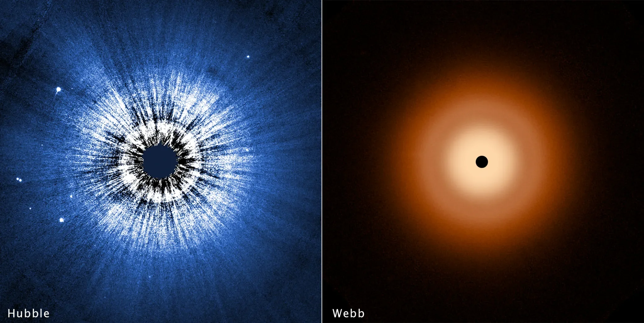 Ova usporedna snimka prikazuje cirkumstelarni disk oko zvijezde Vega, promatran svemirskim teleskopima Hubble (lijevo) i Webb (desno); Hubble prikazuje reflektiranu svjetlost sitnih čestica prašine koje tvore gladak disk promjera oko 160 milijardi kilometara, dok Webb otkriva toplinsko zračenje unutarnjeg i vanjskog diska s jasno uočenim padom sjaja između 6 i 12 milijardi kilometara; crne točke u središtu označuju blokirano (Hubble) ili prezasićeno (Webb) područje. Izvor: NASA, ESA, CSA, STScI, S. Wolff, K. Su, A. Gáspár (Sveučilište u Arizoni)