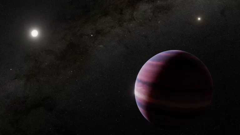 Umjetnička ilustracija prikazuje kako bi plinoviti div u orbiti oko Alfa Centaura A mogao izgledati – Sunce je ona mala točka između zvijezda. Zasluge za ilustraciju: NASA, ESA, CSA, STScI, R. Hurt (Caltech/IPAC)