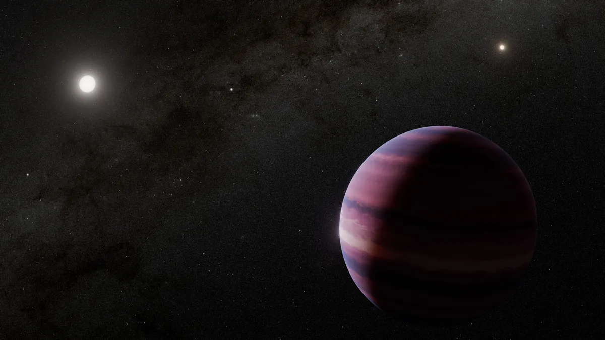 Umjetnička ilustracija prikazuje kako bi plinoviti div u orbiti oko Alfa Centaura A mogao izgledati – Sunce je ona mala točka između zvijezda. Zasluge za ilustraciju: NASA, ESA, CSA, STScI, R. Hurt (Caltech/IPAC)