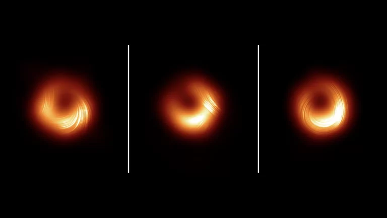 Nove snimke suradnje Event Horizon Telescope (EHT) otkrile su dinamično okruženje s promjenjivim obrascima polarizacije koje uzrokuju magnetska polja supermasivne crne rupe M87. Izvor: EHT Collaboration*