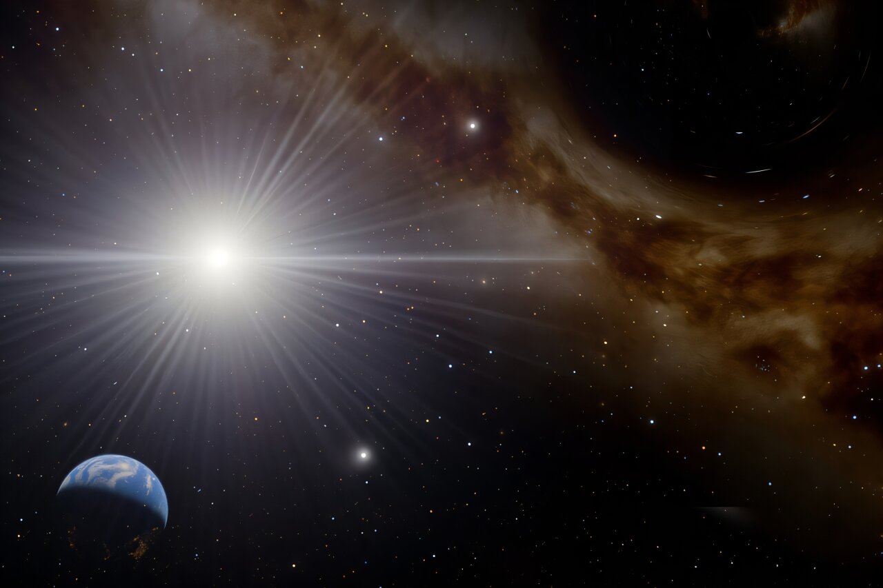 Umjetnička ilustracija prikazuje sićušnu crnu rupu unutar naše galaksije Mliječne staze (gore desno), koja bi mogla emitirati mlaz energetskih čestica zbog Hawkingova zračenja, od kojih bi dio mogao biti detektiran na Zemlji (dolje lijevo). Takve ultraenergetske čestice mogle bi objasniti rijetke pojave kozmičkih zraka, poput najenergičnijeg neutrina ikada otkrivenog. Autor: Toby Gleason-Kaiser