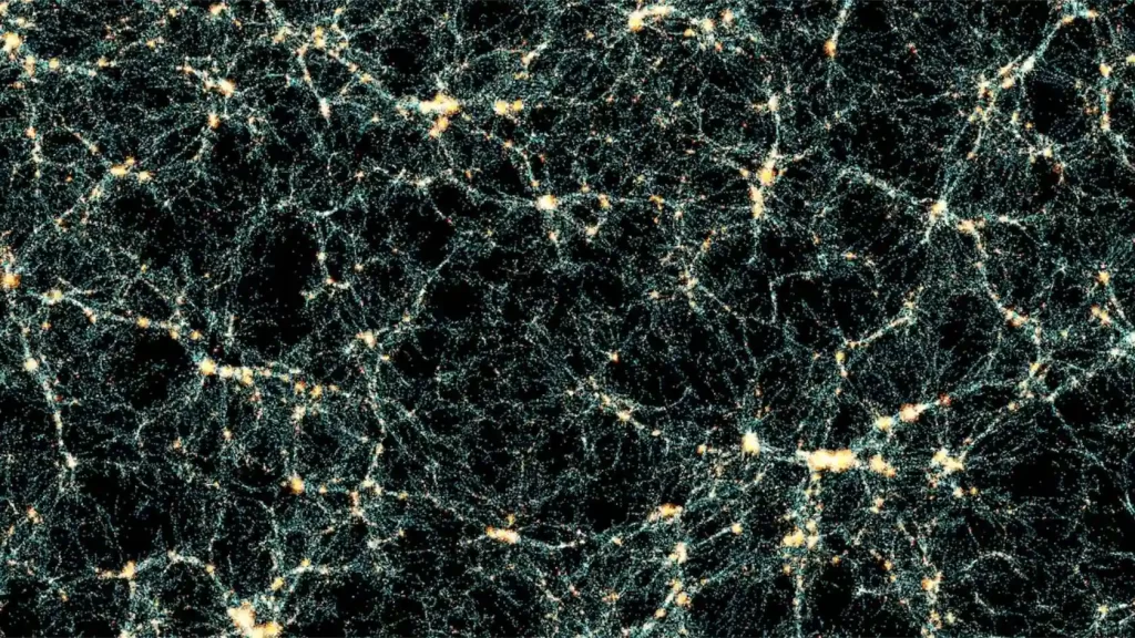 Slika izdvojena iz Euclid Flagship kataloga simulacija. Svaka točka predstavlja galaksiju: plave označavaju galaksije u središtima nakupina tamne materije, dok crvene označavaju satelite unutar tih struktura. Zasluge: Jorge Carretero i Pau Tallada, Port d’Informació Científica / Euclid Consortium