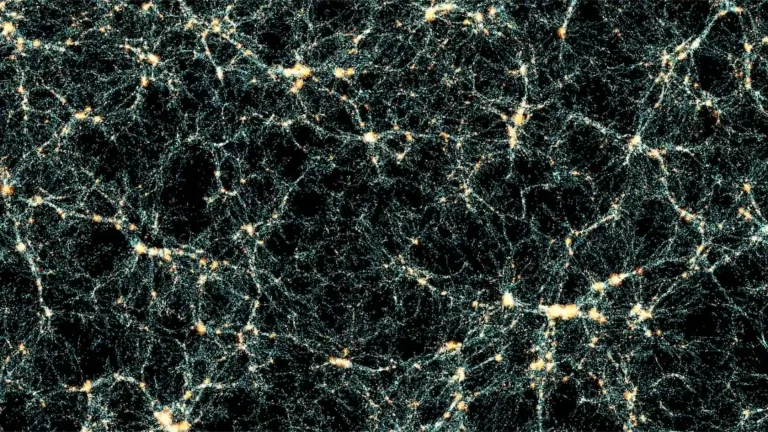 Slika izdvojena iz Euclid Flagship kataloga simulacija. Svaka točka predstavlja galaksiju: plave označavaju galaksije u središtima nakupina tamne materije, dok crvene označavaju satelite unutar tih struktura. Zasluge: Jorge Carretero i Pau Tallada, Port d’Informació Científica / Euclid Consortium