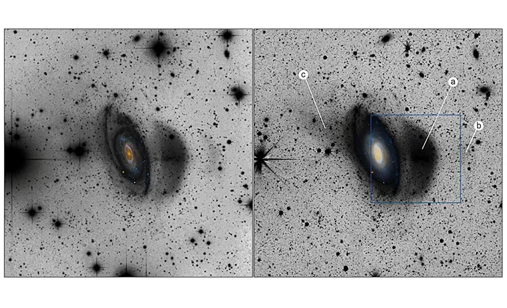 Amaterska snimka galaksije NGC 7531 (lijevo). Snimka iz DESI Legacy Imaging Surveyja (desno). Za potrebe fotometrijskih mjerenja korištena je slika galaksije NGC 7531 obrađena programom NoiseChisel iz paketa Gnuastro, s uklonjenom pozadinom neba. Označene su značajke: (a) glavna plimna struktura; (b) slabo vidljiva vanjska struktura; (c) suprotni plimni rep. Izvor: arXiv (2025). DOI: 10.48550/arxiv.2509.14038