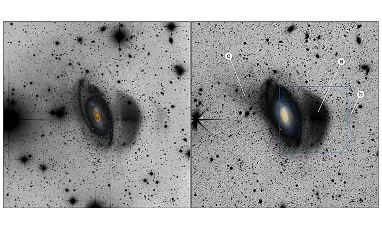 Amaterska snimka galaksije NGC 7531 (lijevo). Snimka iz DESI Legacy Imaging Surveyja (desno). Za potrebe fotometrijskih mjerenja korištena je slika galaksije NGC 7531 obrađena programom NoiseChisel iz paketa Gnuastro, s uklonjenom pozadinom neba. Označene su značajke: (a) glavna plimna struktura; (b) slabo vidljiva vanjska struktura; (c) suprotni plimni rep. Izvor: arXiv (2025). DOI: 10.48550/arxiv.2509.14038