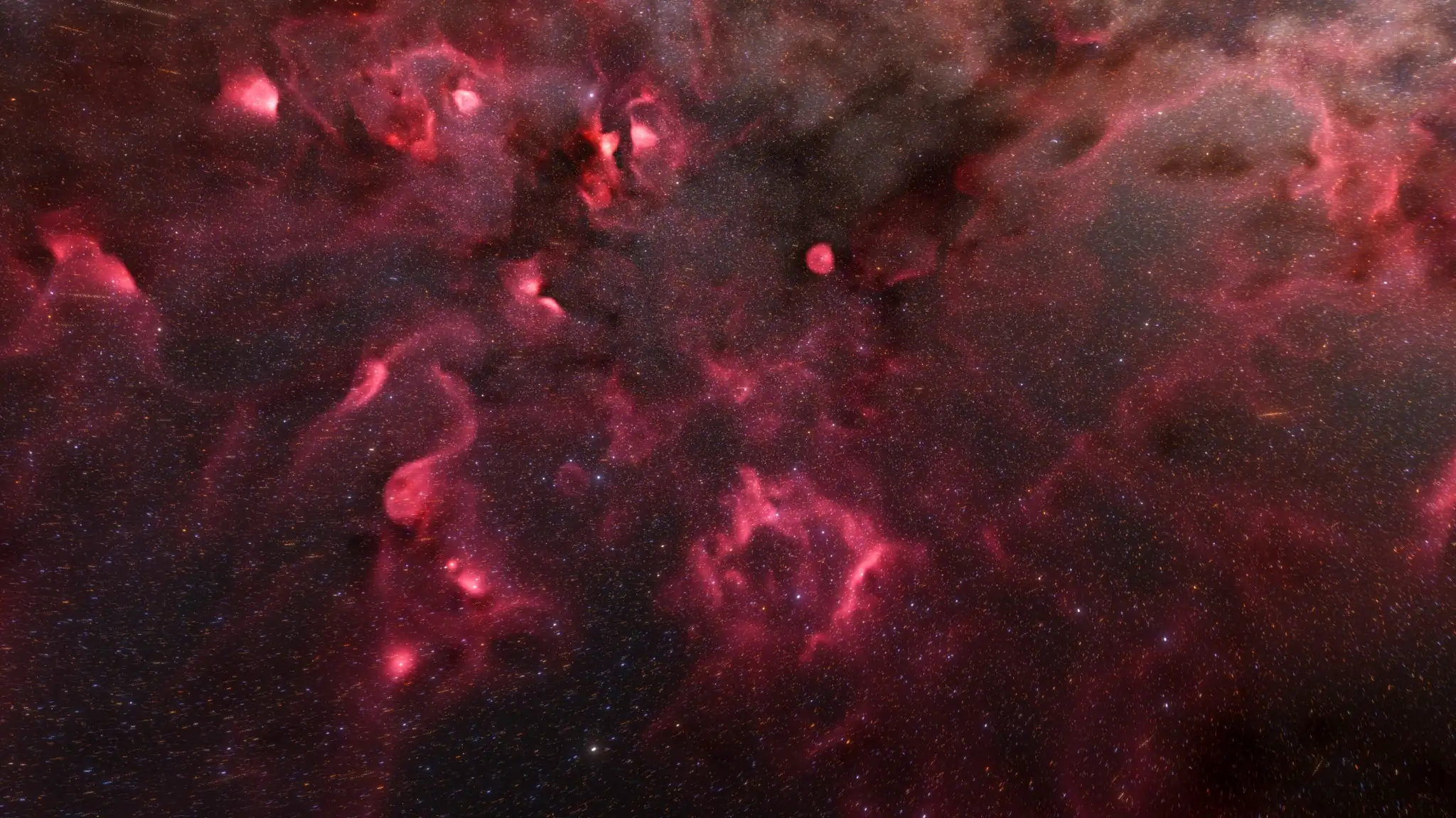 Ovo je statična slika iz animacije koja prikazuje trodimenzionalnu kartu regija nastanka zvijezda izrađenu iz podataka misije Gaia. U animaciji se kamera kreće kroz kartu nastanka zvijezda u našoj Mliječnoj stazi. Područja obuhvaćena kartom protežu se do 4000 svjetlosnih godina od Sunca i prikazana su kao crvenkasti oblaci. Ovaj prikaz pomoći će znanstvenicima da bolje razumiju te skrivene oblake i mlade, vruće zvijezde koje ih oblikuju. Zasluge: ESA/Gaia/DPAC, S. Payne-Wardenaar, L. McCallum i sur. (2025).