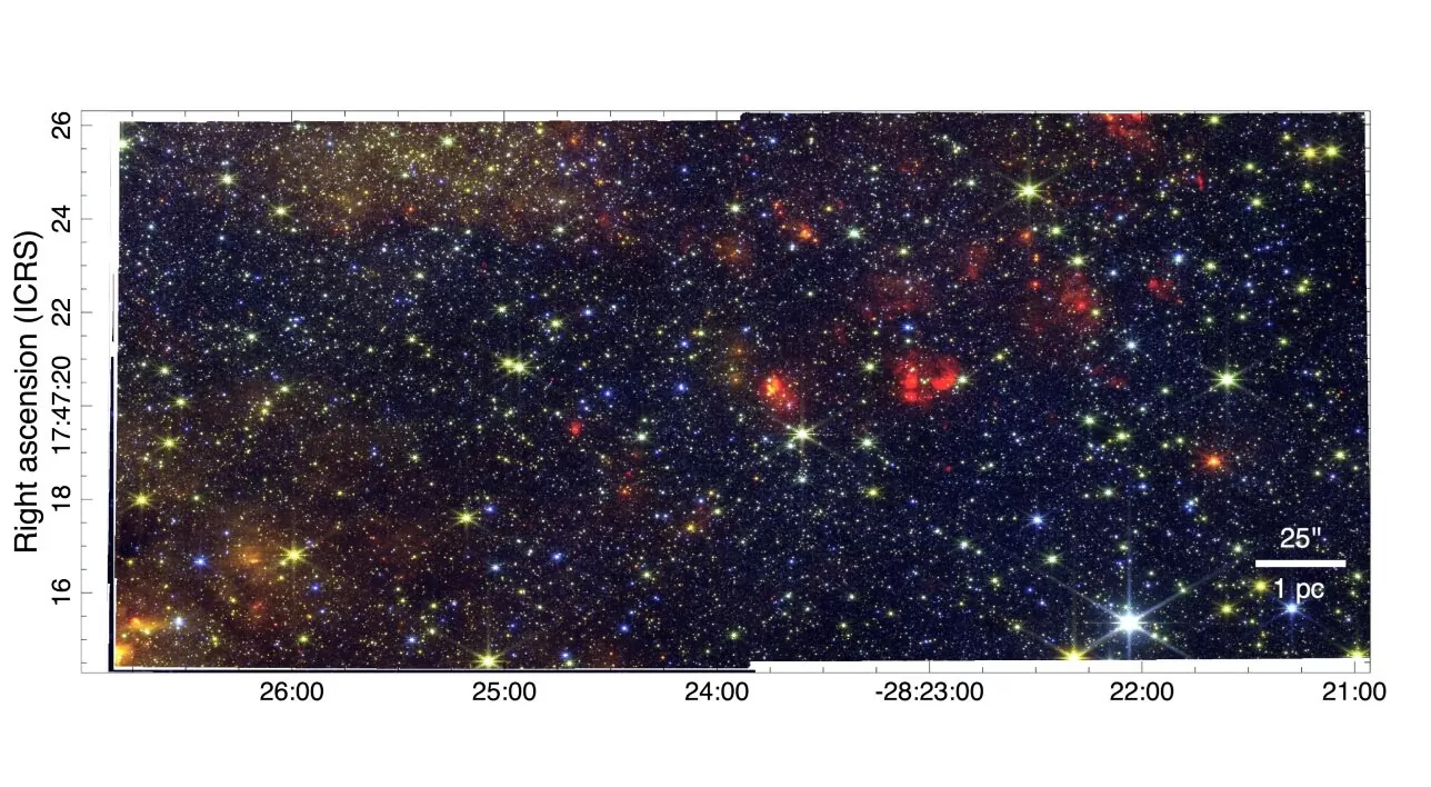 NIRCam mozaik Sagittarius B2 s filtrom F480M u crvenom, F360M u zelenom i F150W u plavom. Izvor: arXiv (2025). DOI: 10.48550/arxiv.2509.11771