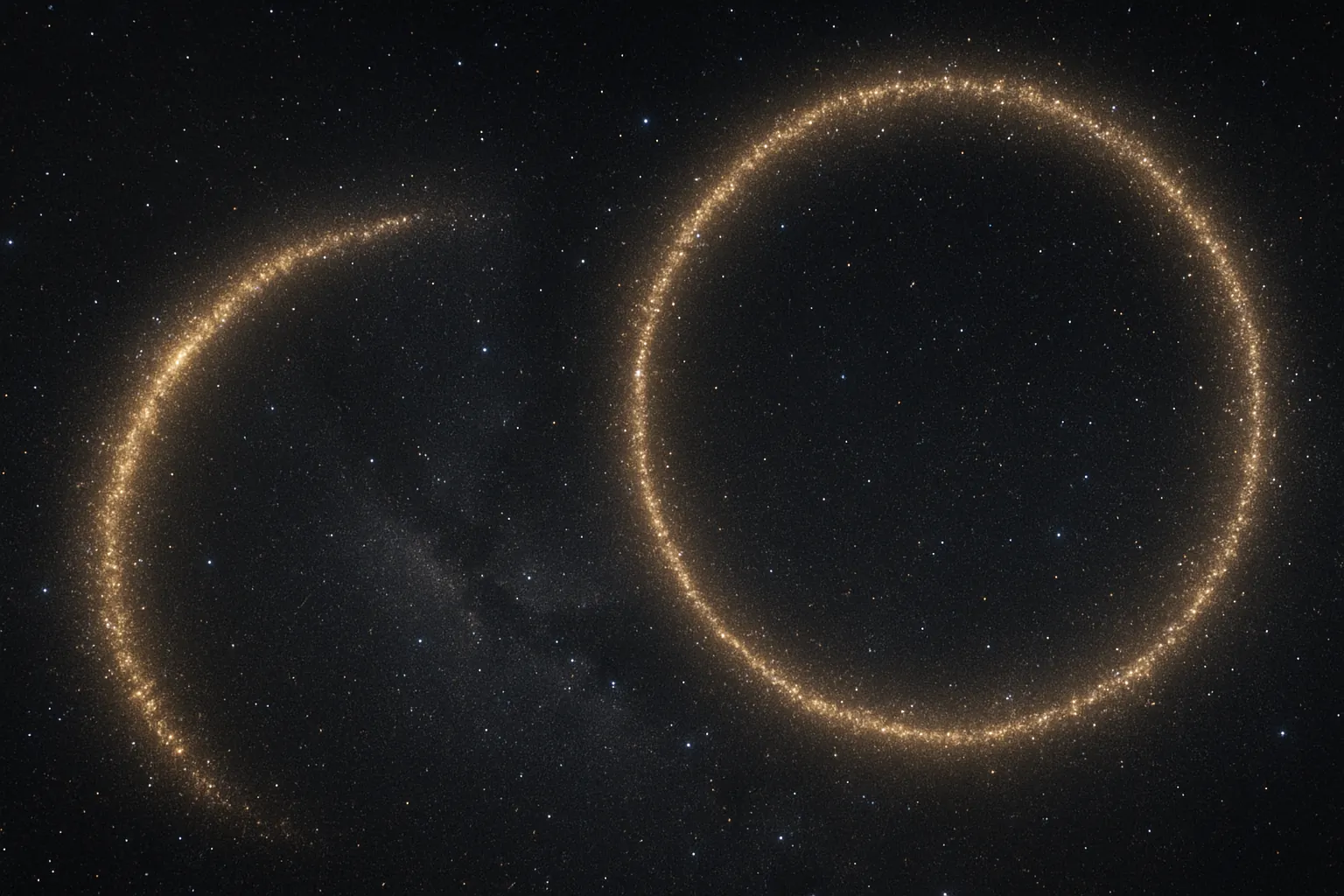 Ovo je približan umjetnički prikaz kako bi Divovski luk i Veliki prsten mogli izgledati kada bi bili vidljivi golim okom na noćnom nebu.