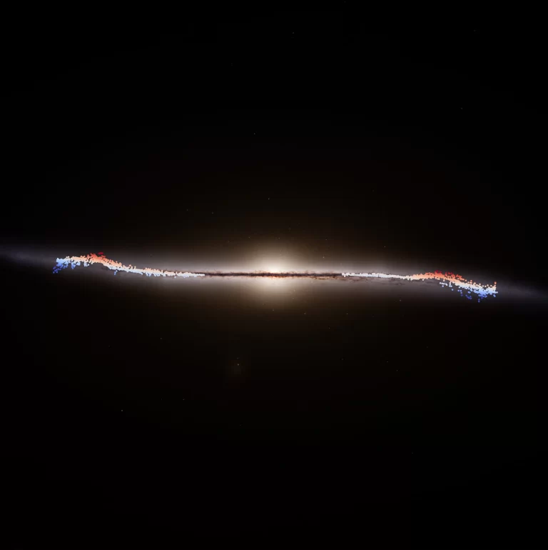Svemirski teleskop Gaia Europske svemirske agencije (ESA) otkrio je golemi val koji se iz središta Mliječne staze širi prema van. Neočekivani galaktički val prikazan je na ovoj slici. Položaji tisuća sjajnih zvijezda ovdje su ucrtani preko Gaiine karte Mliječne staze gledane „iz profila“. Izvor: ESA/Gaia/DPAC, S. Payne-Wardenaar, E. Poggio et al (2025)