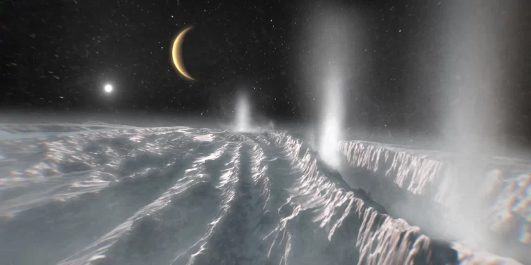 Ova umjetnička interpretacija prikazuje termalne mlazove koji prodiru kroz ledenu površinu u južnom polarnom području Saturnova mjeseca Enkelada. Izvor: ESA/Science Office