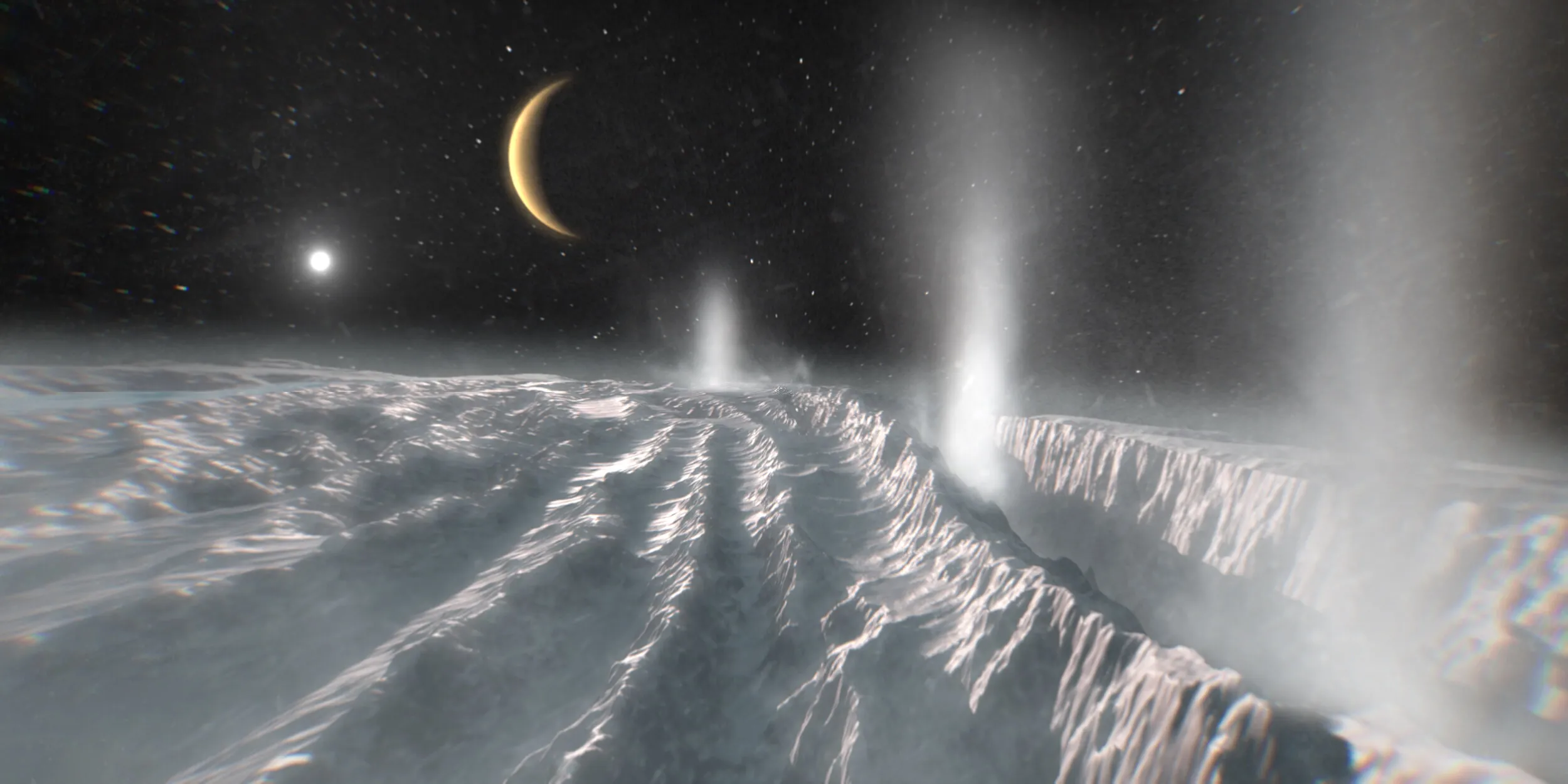 Ova umjetnička interpretacija prikazuje termalne mlazove koji prodiru kroz ledenu površinu u južnom polarnom području Saturnova mjeseca Enkelada. Izvor: ESA/Science Office
