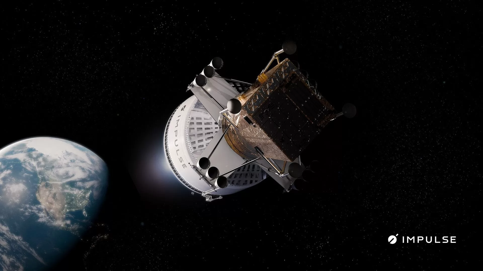 Umjetnička ilustracija prikazuje lunarni lander tvrtke Impulse Space kako napušta Zemljinu orbitu kao teret na pogonskom stupnju Helios. Zasluge: Impulse Space.