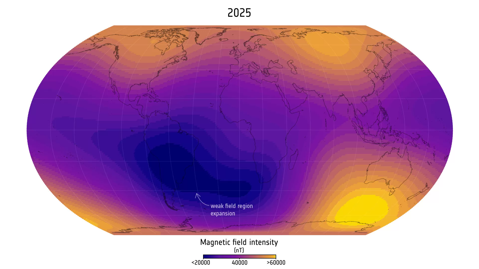 Južnoatlantska anomalija. Zasluge: ESA (Data source: Finlay, C.C. et al., 2025).