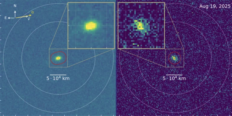 NASA-in teleskop Swift promatrao je međuzvjezdani komet 3I/ATLAS u kolovozu 2025. godine. Lijevo je prikazana snimka u vidljivom svjetlu, a desno u ultraljubičastom spektru, gdje slabo svjetlucanje hidroksila (OH) otkriva paru vode koja isparava iz kometa. Svaka slika sastavljena je od desetaka kratkih ekspozicija u trajanju od po tri minute, pažljivo složenih kako bi se postiglo ukupno vrijeme promatranja od oko 42 minute u vidljivom svjetlu i 2,3 sata u ultraljubičastom. Položaj teleskopa iznad Zemljine atmosfere omogućio je astronomima da otkriju ultraljubičasto zračenje koje sa Zemlje inače nije vidljivo. Zasluge: Dennis Bodewits, Sveučilište Auburn.