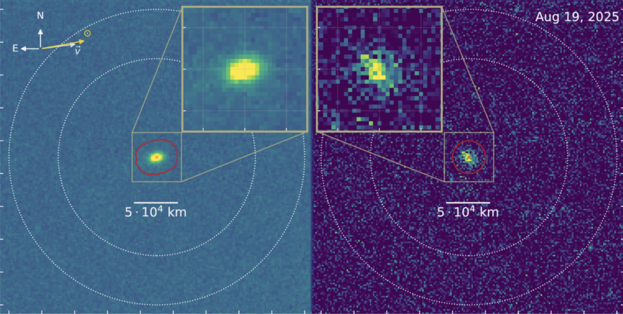 NASA-in teleskop Swift promatrao je međuzvjezdani komet 3I/ATLAS u kolovozu 2025. godine. Lijevo je prikazana snimka u vidljivom svjetlu, a desno u ultraljubičastom spektru, gdje slabo svjetlucanje hidroksila (OH) otkriva paru vode koja isparava iz kometa. Svaka slika sastavljena je od desetaka kratkih ekspozicija u trajanju od po tri minute, pažljivo složenih kako bi se postiglo ukupno vrijeme promatranja od oko 42 minute u vidljivom svjetlu i 2,3 sata u ultraljubičastom. Položaj teleskopa iznad Zemljine atmosfere omogućio je astronomima da otkriju ultraljubičasto zračenje koje sa Zemlje inače nije vidljivo. Zasluge: Dennis Bodewits, Sveučilište Auburn.