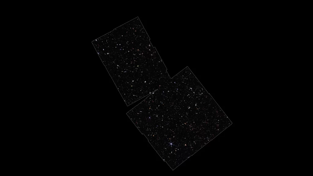 Ova slika snimljena svemirskim teleskopom James Webb prikazuje područje istraživanja u sklopu programa JWST Advanced Deep Extragalactic Survey (JADES). Riječ je o području unutar i oko Hubbleova Ultra Deep Fielda. Zasluge: NASA.