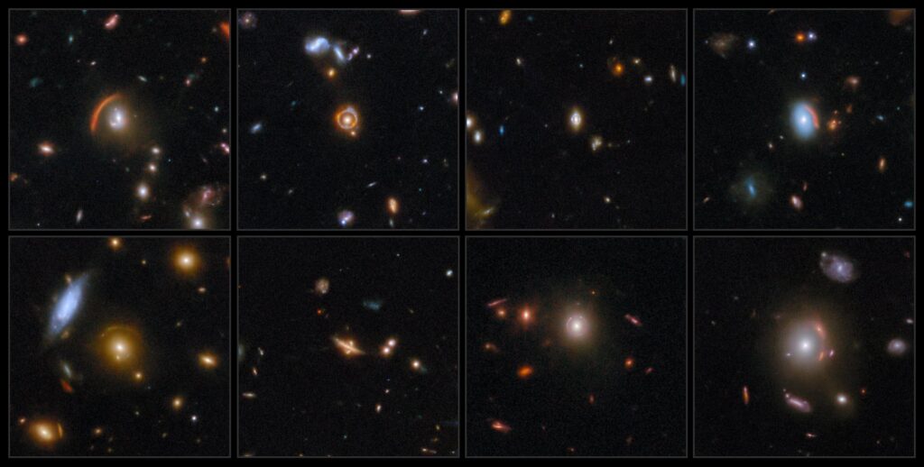 Kolaž od osam Webbovih snimaka gravitacijskog lećenja, od kojih svaka prikazuje različito izobličene galaksije u središtu kadra. Zasluge: ESA/NASA/CSA
