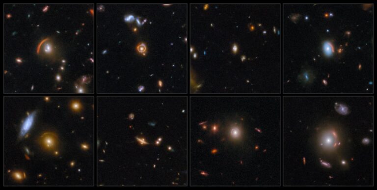 Kolaž od osam Webbovih snimaka gravitacijskog lećenja, od kojih svaka prikazuje različito izobličene galaksije u središtu kadra. Zasluge: ESA/NASA/CSA
