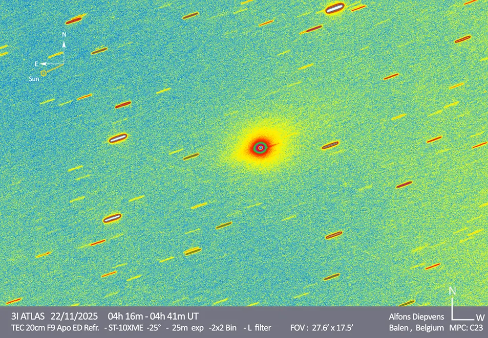 ChatGPT said: Lažno kolorirana snimka međuzvjezdanog objekta 3I/ATLAS, zabilježena 22. studenoga 2025. Smjer prema Suncu nalazi se prema dolje ulijevo. Zasluge: Alfons Diepvens, Belgija.
