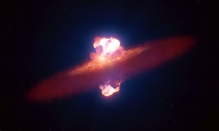 Ova umjetnička ilustracija prikazuje zvijezdu u trenutku kada eksplodira u supernovu. Na udaljenosti od oko 22 milijuna svjetlosnih godina, supernova SN 2024ggi eksplodirala je u galaksiji NGC 3621. Koristeći Vrlo veliki teleskop (VLT) Europskog južnog opservatorija, astronomi su uspjeli zabilježiti najraniju fazu eksplozije, dok je udarni val još probijao površinu zvijezde. Promatranja provedena samo 26 sati nakon prvotne detekcije otkrila su stvarni oblik eksplozije: supernova je izbila u obliku masline. Riječ je o prvom izravnom opažanju geometrije supernove u tako ranom stadiju njezina razvoja. Zasluge: ESO/L. Calçada