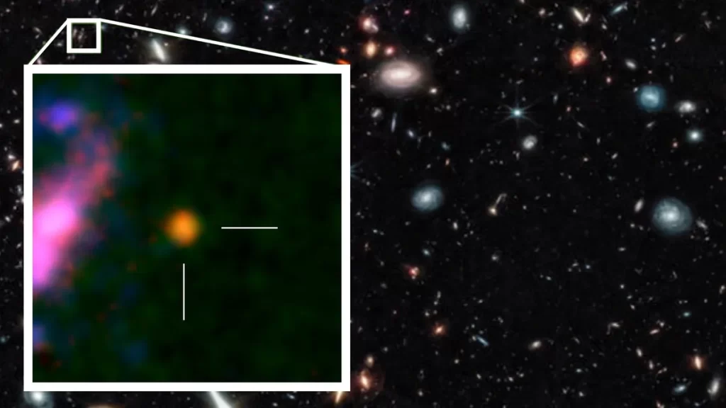 Galaksija GHZ2 (označena bijelim okvirom) otkrivena je teleskopom James Webb 2022. godine. Njezina je svjetlost putovala oko 13,4 milijarde godina prije nego što je stigla do Zemlje. Foto: NASA / ESA / CSA / T. Treu, UCLA / NAOJ / T. Bakx, Sveučilište u Nagoyi