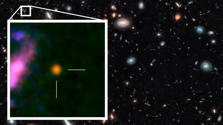 Galaksija GHZ2 (označena bijelim okvirom) otkrivena je teleskopom James Webb 2022. godine. Njezina je svjetlost putovala oko 13,4 milijarde godina prije nego što je stigla do Zemlje. Foto: NASA / ESA / CSA / T. Treu, UCLA / NAOJ / T. Bakx, Sveučilište u Nagoyi