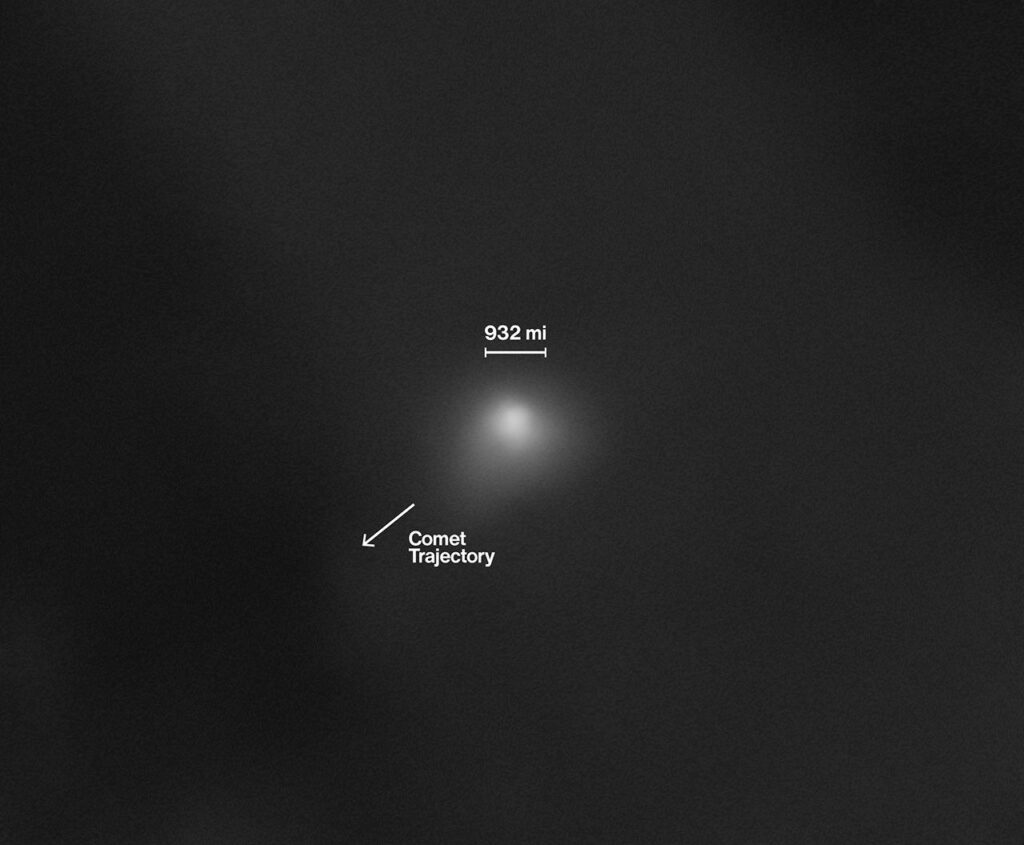 Kamera HiRISE (High Resolution Imaging Science Experiment) na NASA-inoj letjelici Mars Reconnaissance Orbiter snimila je ovu fotografiju međuzvjezdanog kometa 3I/ATLAS 2. listopada 2025. U trenutku snimanja komet se nalazio oko 0,2 astronomske jedinice od letjelice, što odgovara približno 30 milijuna kilometara. Zasluge: NASA / JPL-Caltech / University of Arizona