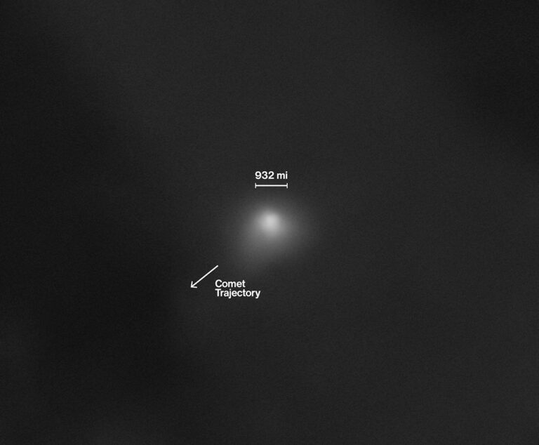Kamera HiRISE (High Resolution Imaging Science Experiment) na NASA-inoj letjelici Mars Reconnaissance Orbiter snimila je ovu fotografiju međuzvjezdanog kometa 3I/ATLAS 2. listopada 2025. U trenutku snimanja komet se nalazio oko 0,2 astronomske jedinice od letjelice, što odgovara približno 30 milijuna kilometara. Zasluge: NASA / JPL-Caltech / University of Arizona