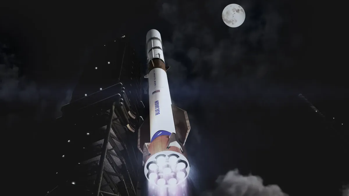Velika nova raketa s Mjesecom koji ispunjava kadar, jer ne trebamo skrivene poruke. Zasluge za fotografiju: Blue Origin