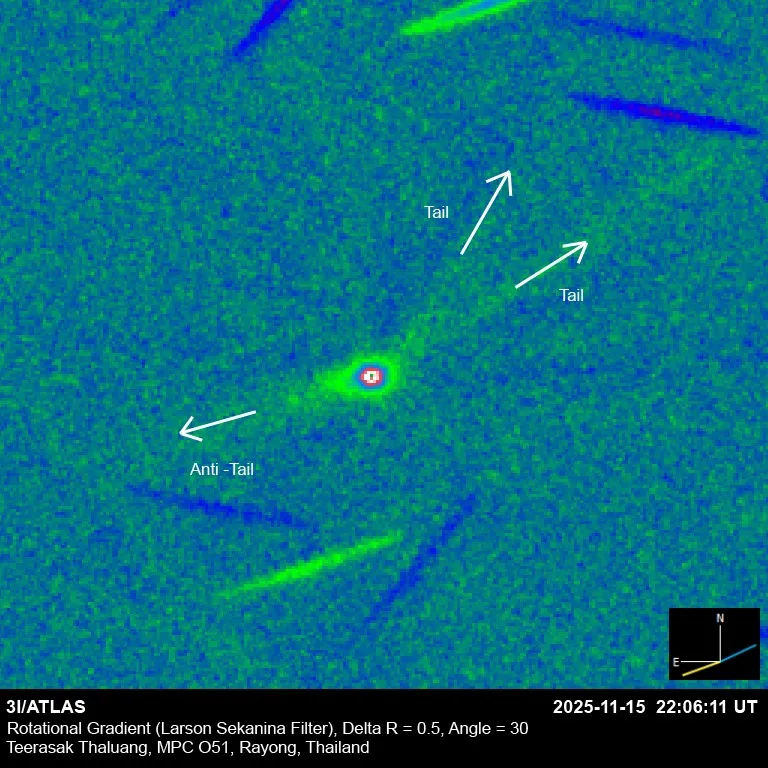 Prema novoj snimci koju je objavio Teerasak Thaluang, nastaloj teleskopom promjera 0,26 metara u Tajlandu, međuzvjezdani objekt 3I/ATLAS i dalje pokazuje izražen antirep te više repnih struktura.