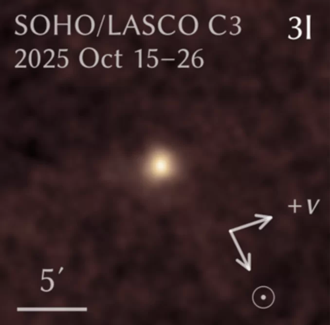 Ovo je prikaz kometa 3I/ATLAS zabilježen između 15. i 26. listopada 2025. pomoću misije SOHO, zajedničkog projekta ESA-e i NASA-e. U središtu se vidi blago povećanje sjaja koje označava položaj kometa.Zasluge: Lowell Observatory / Qicheng Zhang