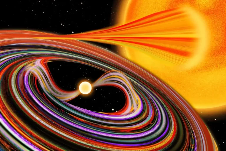 Manji bijeli patuljak (lijevo) privlači materijal s veće zvijezde, stvarajući kovitlajući akrecijski disk. Takvi parovi nazivaju se sustavima tipa intermediate polar, a astronomi s MIT-a prvi su put pomoću snažnih teleskopa izmjerili polarizaciju rendgenskog zračenja u ovom sustavu, što je otkrilo ključne strukture u njegovim najtoplijim i najenergičnijim zonama. Zasluge: Jose-Luis Olivares, MIT