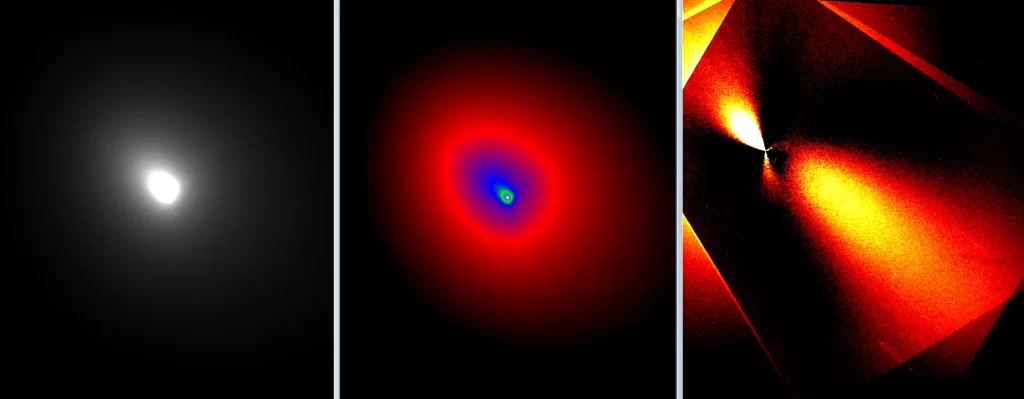 Obrada snimke međuzvjezdanog objekta 3I/ATLAS od 30. studenoga 2025. koju je pripremio Toni Scarmato (Italija), temelji se na podacima svemirskog teleskopa Hubble. Lijevi prikaz pokazuje izvorno ekspozicijsko vrijeme od 7x270 sekundi, središnji prikaz prikazuje primjenu Unsharp Mask filtra radi naglašavanja detalja, a desni prikaz primjenjuje Larson–Sekanina filtarski postupak za otkrivanje rotacijskih gradijenata u slici. Na desnom prikazu vidljiva su dva mlaza te jasan antirep, pojava koja nije uobičajena kod poznatih kometa. Smjer prema Suncu usmjeren je prema gornjem lijevom kutu. Snimka ima prostornu razlučivost od 0,04 lučne sekunde po pikselu i snimljena je instrumentom WFC3, UVIS2–2K2C-SUB, s filtrom F350LP. (Izvor: NASA, ESA, STScI, D. Jewitt (UCLA), M.-T. Hui (Shanghai Astronomical Observatory). Obrada slike: J. DePasquale (STScI))