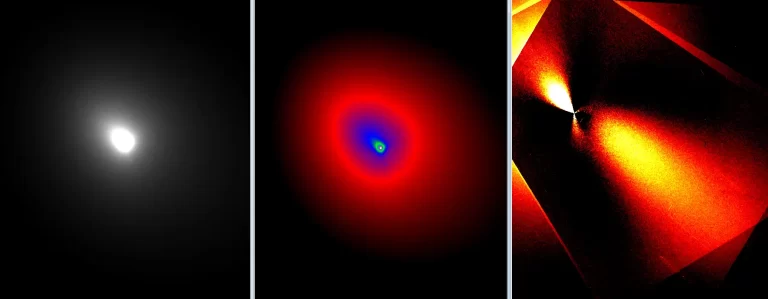 Obrada snimke međuzvjezdanog objekta 3I/ATLAS od 30. studenoga 2025. koju je pripremio Toni Scarmato (Italija), temelji se na podacima svemirskog teleskopa Hubble. Lijevi prikaz pokazuje izvorno ekspozicijsko vrijeme od 7x270 sekundi, središnji prikaz prikazuje primjenu Unsharp Mask filtra radi naglašavanja detalja, a desni prikaz primjenjuje Larson–Sekanina filtarski postupak za otkrivanje rotacijskih gradijenata u slici. Na desnom prikazu vidljiva su dva mlaza te jasan antirep, pojava koja nije uobičajena kod poznatih kometa. Smjer prema Suncu usmjeren je prema gornjem lijevom kutu. Snimka ima prostornu razlučivost od 0,04 lučne sekunde po pikselu i snimljena je instrumentom WFC3, UVIS2–2K2C-SUB, s filtrom F350LP. (Izvor: NASA, ESA, STScI, D. Jewitt (UCLA), M.-T. Hui (Shanghai Astronomical Observatory). Obrada slike: J. DePasquale (STScI))