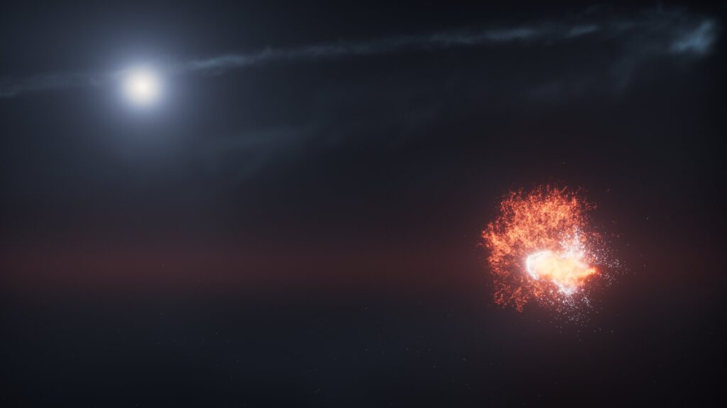 Ovaj umjetnički prikaz prikazuje nasilni sudar dvaju masivnih objekata u orbiti oko zvijezde Fomalhaut. Zasluge: NASA, ESA, STScI, Ralf Crawford (STScI)