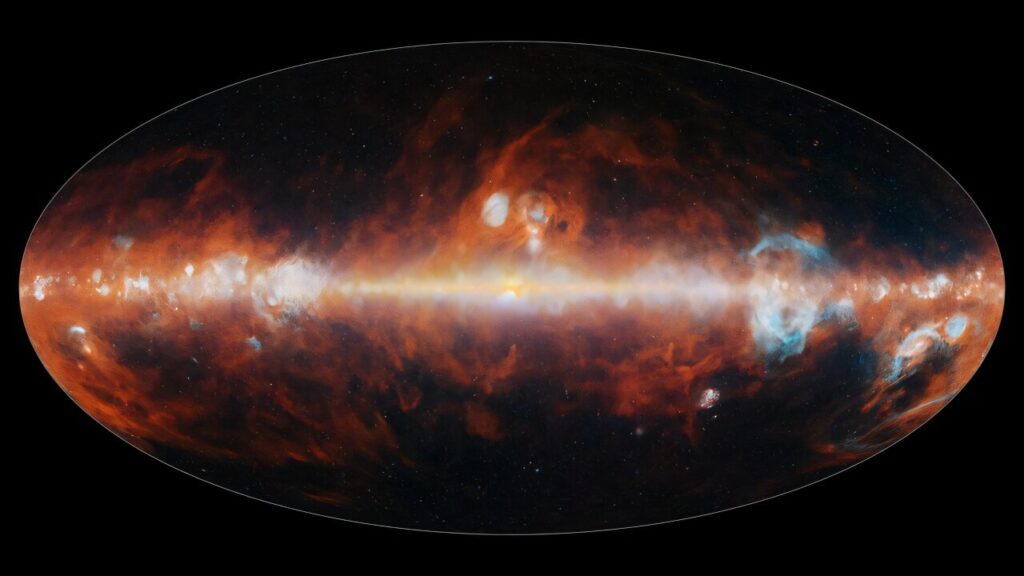 NASA-in teleskop SPHEREx mapirao je cijelo nebo u 102 infracrvene boje, koje su nevidljive ljudskom oku, ali se mogu koristiti za otkrivanje različitih obilježja svemira. Na ovoj su snimci prikazane odabrane boje koje ponajprije emitiraju zvijezde (plava, zelena i bijela), vrući vodikov plin (plava) te kozmička prašina (crvena). Izvor: NASA / Laboratorij za mlazni pogon (JPL-Caltech)